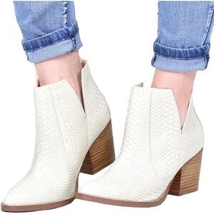 Kathemoi Womens Slip on Ankle Boots V Cutout Pointed Toe Chunky Mid Heel Booties